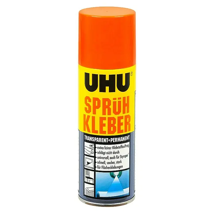 UHU Sprühkleber transparent + permanent - 200 ml - Sprühdose UHU Sprühkleber Transparent + Permanent, ideal zum Aufsprühen von Klebstoff für dauerhafte und transparente Verklebungen im Haushalt.