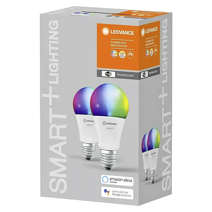 Ledvance Smart-LED-Lampen Set - E27, Dimmbar, RGBW, 806 lm, 9 W - Das Bild zeigt eine Packung LEDVANCE SMART+ Multicolor E27 Glühbirnen, die mit Amazon Alexa und Google Assistant kompatibel sind.
