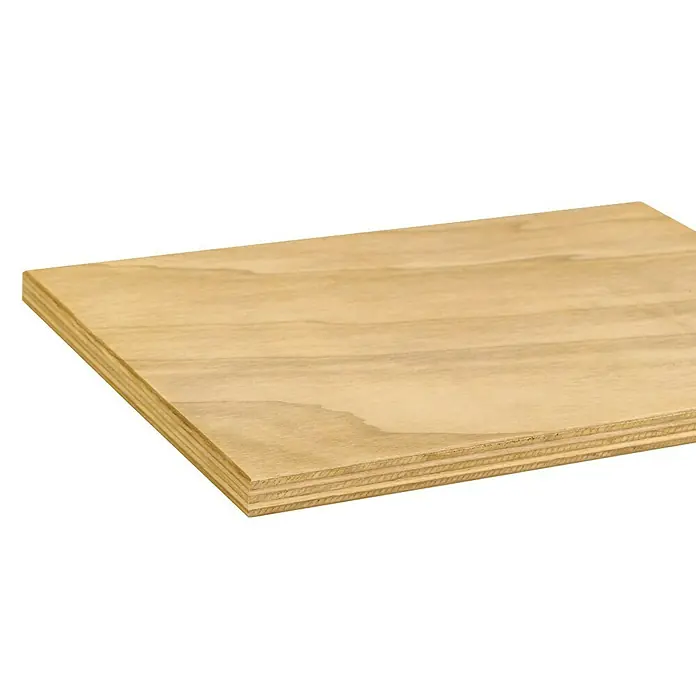 Garnica Duraply Allwetter-Sperrholzplatte Fixmaß - Pappel, 2.500 x 600 x 12 mm - Nahaufnahme eines hellen Sperrholzstücks, das die Schichtung und Maserung des Holzes zeigt. Perfekt für Bau- und Bastelprojekte.