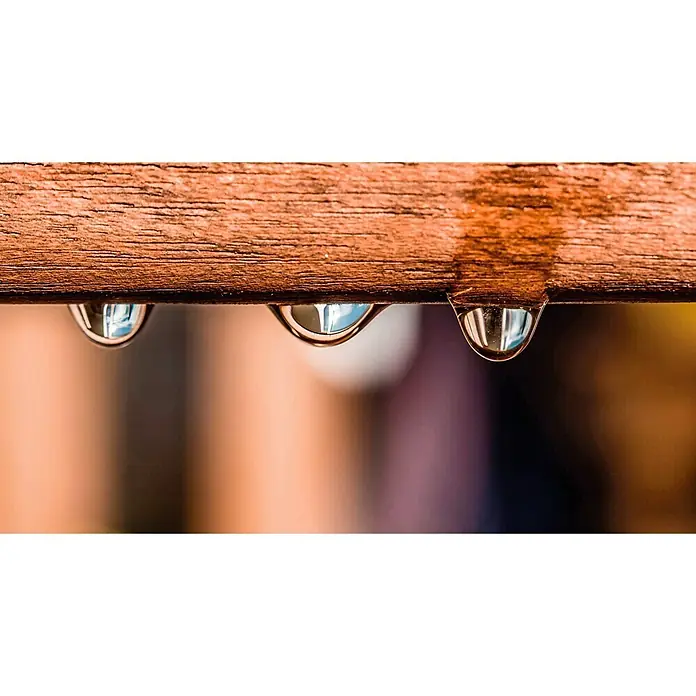 Garnica Duraply Allwetter-Sperrholzplatte Fixmaß - Pappel, 2.500 x 600 x 12 mm - Wassertropfen hängen an einer Holzoberfläche und spiegeln die Umgebung wider. Detailaufnahme von Wasser an Holz.
