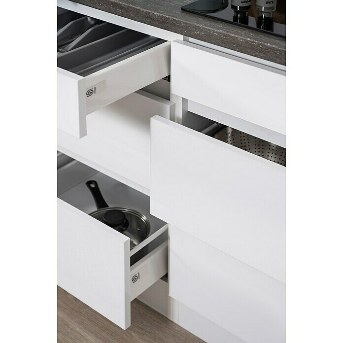 Respekta Premium Küchenzeile GLRP345HWWGKE (Breite: 345 cm, Mit Elektrogeräten, Weiß Hochglanz)