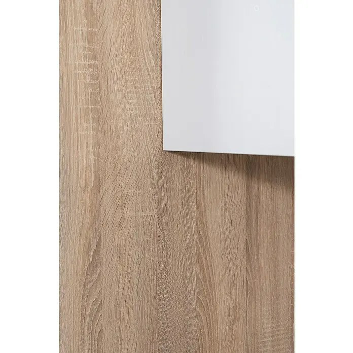 Respekta Premium Küchenleerblock LorenaBreite: 270 cm, Grau, Dekor Arbeitsplatte: Holzoptik, Hochglänzend, Ohne Elektrogeräte - Nahaufnahme einer modernen, weißen Badezimmertür mit einer sanften Holzstruktur im Hintergrund.