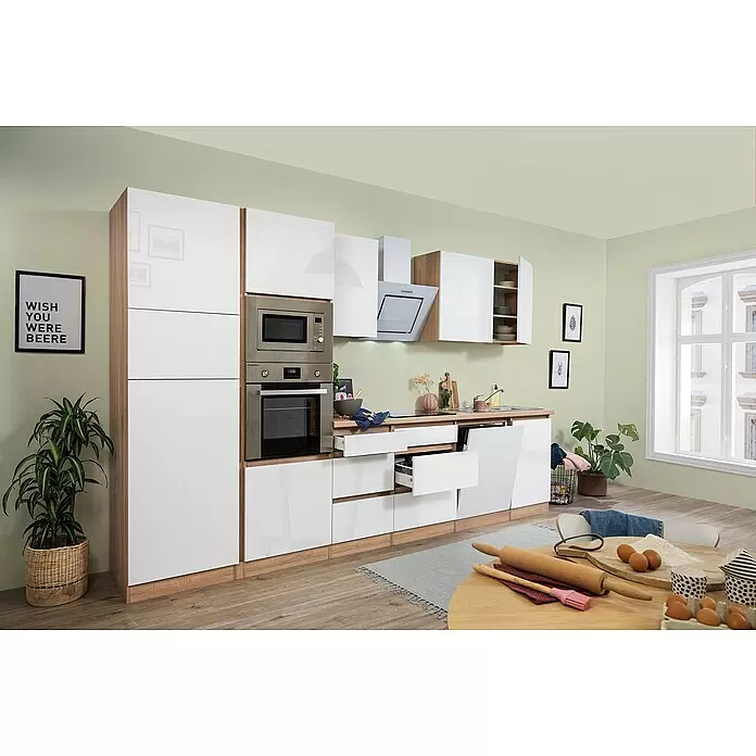 Respekta Premium Küchenzeile Lorena - Breite: 345 cm, Weiß, Hochglänzend, Dekor Arbeitsplatte: Holzoptik, Mit Elektrogeräten - Stimmungsaufnahme