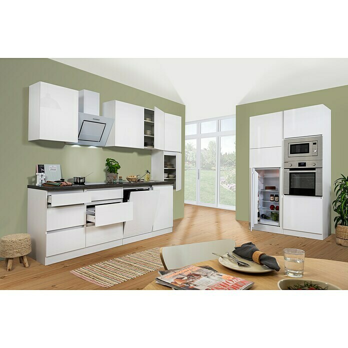 Respekta Premium Küchenzeile GLRP395HWWGKE (Breite: 395 cm, Mit Elektrogeräten, Weiß Hochglanz)
