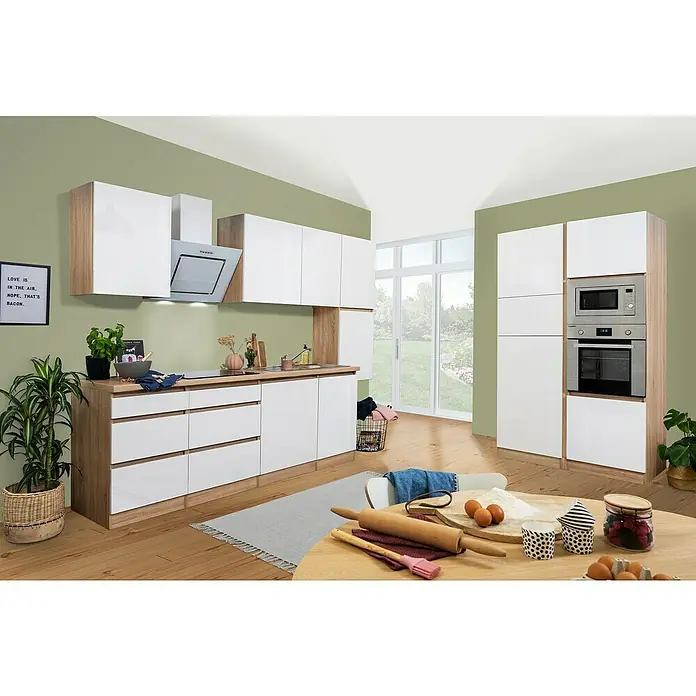 Respekta Premium Küchenzeile Lorena - Breite: 395 cm, Weiß, Hochglänzend, Dekor Arbeitsplatte: Holzoptik, Mit Elektrogeräten - Helle und moderne Küche mit weißen Schränken und Holzakzenten, ideal für kulinarische Kreativität und gemütliche Kochmomente.