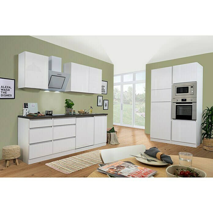 Respekta Premium Küchenzeile GLRP345HWWGKE (Breite: 345 cm, Mit Elektrogeräten, Weiß Hochglanz)