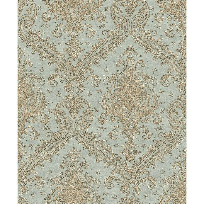 Rasch Vliestapete - Gold/Blau, Ornament, 10,05 x 0,53 m - Elegantes Tapetenmuster mit aufwendigen, floralen Ornamenten in Goldtönen auf einem sanften, hellblauen Hintergrund.