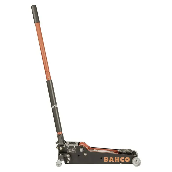 Bahco Hydraulischer Rangierwagenheber - Hubhöhe: 85 mm - 415 mm - Ein Bahco-Rangierwagenheber mit langem Griff steht auf dem Boden. Robustes Werkzeug für Hebearbeiten.