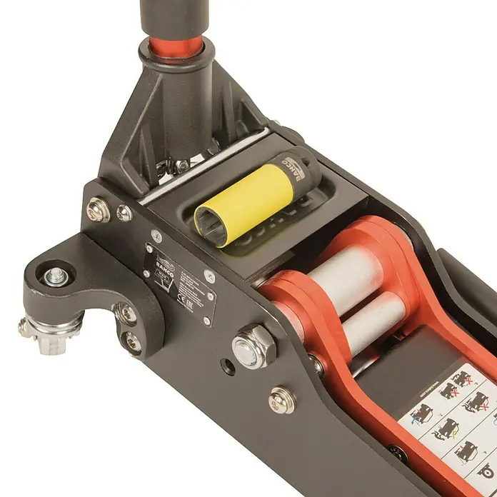 Bahco Hydraulischer Rangierwagenheber - Hubhöhe: 85 mm - 415 mm - Detailansicht eines Bahco Wagenhebers, der robuste Bauweise und die orangefarbenen Akzente hervorhebt. Das Gerät ist für professionelle Anwendungen konzipiert.