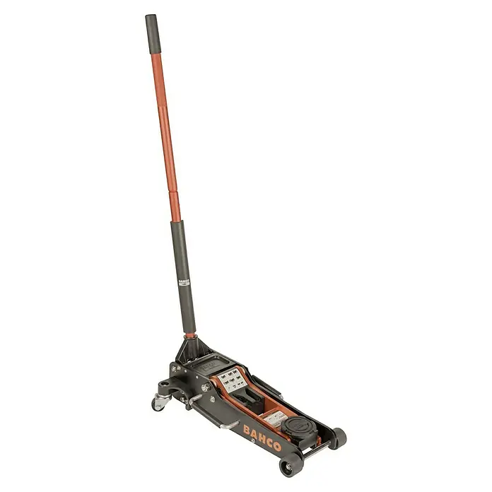 Bahco Hydraulischer Rangierwagenheber - Hubhöhe: 100 mm - 485 mm - Abbildung eines BAHCO Wagenhebers mit langem Hebel für schwere Lasten, ideal für den professionellen Einsatz in Werkstätten.