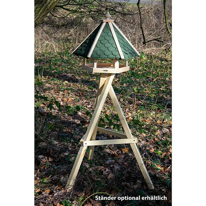Dobar Vogelhaus - Grün/Braun - Hübsches Vogelhaus auf einem Holzständer mit einem grünen Dach, eine einladende Futterstelle für gefiederte Freunde.