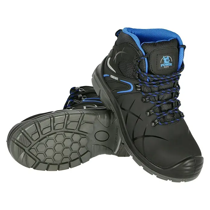 Power Safe Sicherheitshalbschuh Tom - Schuhgröße: 42, S3 - Schwarze Power Safe Arbeitsstiefel mit blauen Akzenten und rutschfester Sohle für sicheren Halt in jeder Arbeitsumgebung.