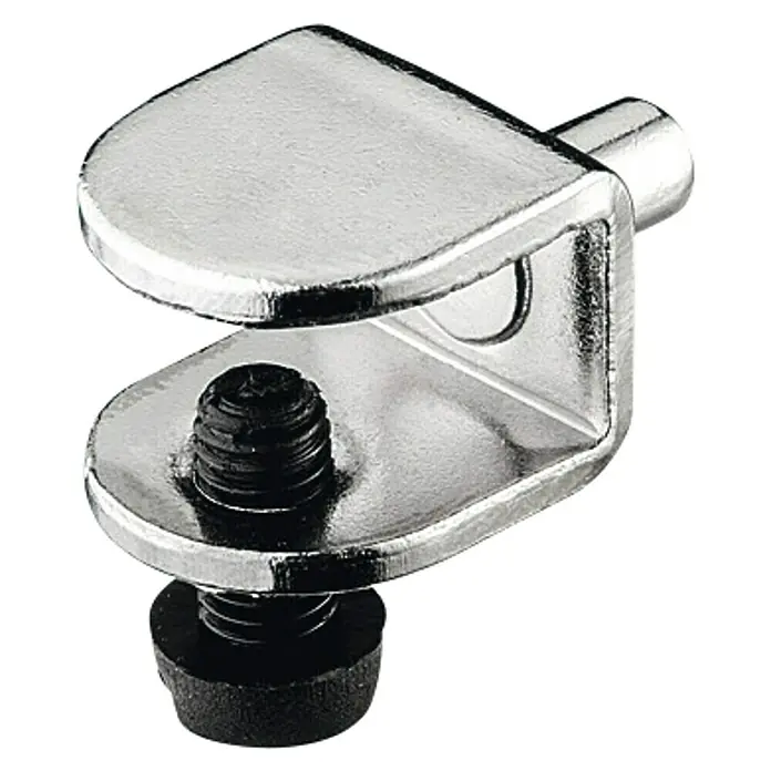 Häfele Soporte de pared para estantes de cristal - Para grosor de 8/9 mm, Níquel, 2 pzs. - Primer plano de un soporte cromado para estantes de vidrio con un tornillo negro, ideal para la construcción de muebles y la fijación de paneles de vidrio.