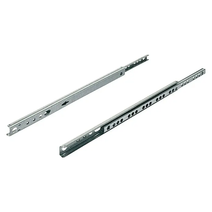 Häfele Guía para cajones - Longitud de instalación: 342 mm, Capacidad de carga: 10 kg, Extracción total, Lateralmente en el cajón, Aluminio - La imagen muestra dos guías de cajón metálicas, esenciales para garantizar un funcionamiento suave de los cajones en muebles.