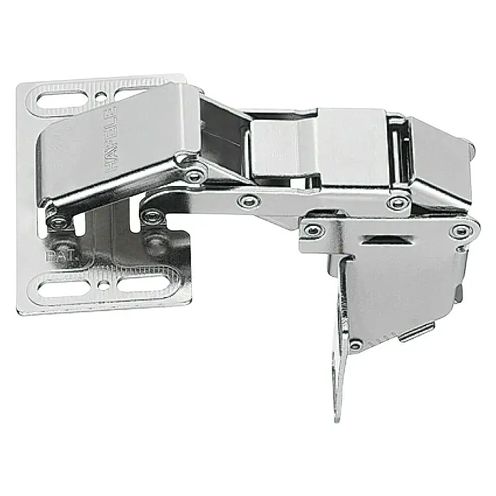 Häfele Bisagra de elevación CH 600 - Acero, Capacidad de carga: 2 kg, Cierre automático - Primer plano de una bisagra para muebles de Häfele, ideal para un montaje preciso y conexiones duraderas. Fabricación de alta calidad para una funcionalidad óptima.