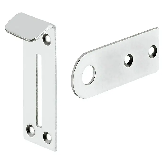 Häfele Cerradura para muebles - L x An: 70 x 25 mm, Zincado - Primer plano de un juego de pestillos de puerta metálicos brillantes con orificios de montaje, aislado sobre negro para seguridad y herrajes.