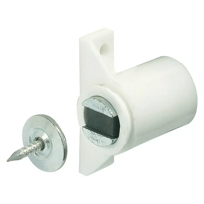 Häfele Cierre magnético - Diámetro: 13 mm, Fuerza de adherencia: 3,5 kg, Blanco - Un pestillo magnético blanco con un tornillo a juego. Ideal para armarios y puertas.