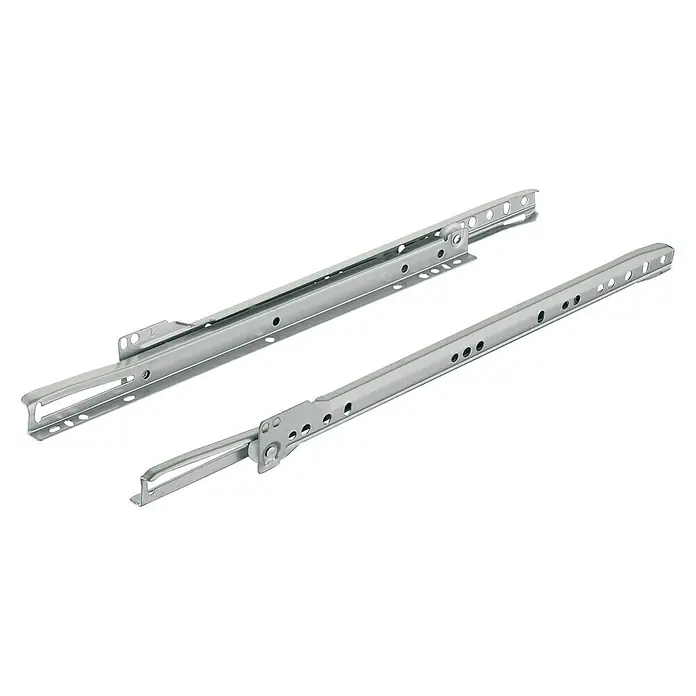 Häfele Guía para cajones - Longitud de instalación: 400 mm, 1 ud., Blanco - La imagen muestra dos guías metálicas para cajones, diseñadas para ser instaladas en muebles para facilitar la apertura y el cierre suave de los cajones.