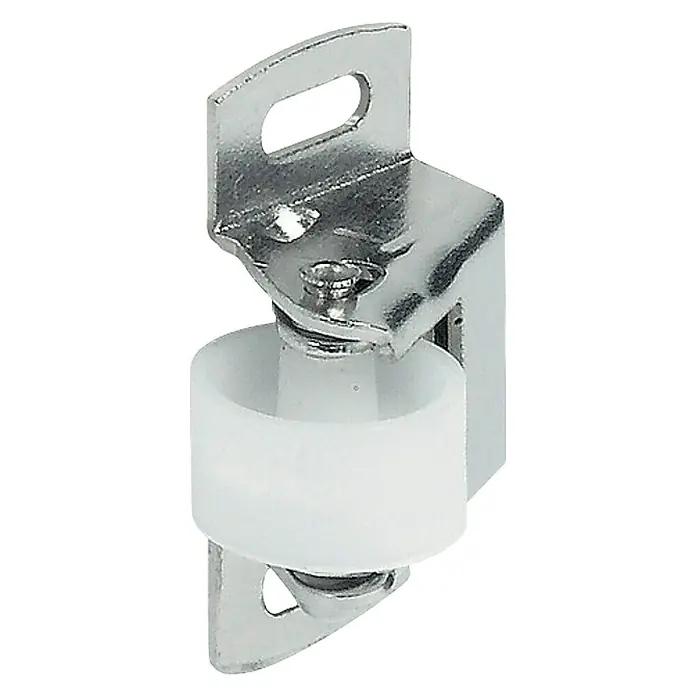 Häfele Cierre de golpete de rodillo - L x An x Al: 33 x 26 x 18 mm, Acero - Herraje metálico con rodillo blanco y pestaña de montaje para muebles. Ideal para puertas correderas o cajones.