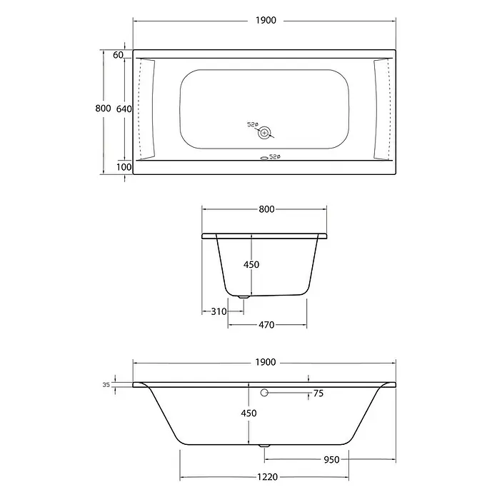 Ottofond Whirlpool Palermo - 190 x 80 cm, Sanitäracryl, Weiß, Inklusive Ab- und Überlaufgarnitur mit Wassereinlauf und Wannenrandarmatur S2000 - Technische Zeichnung einer Badewanne mit Maßen, die die Länge, Breite und Tiefe des Produkts detailliert beschreiben.