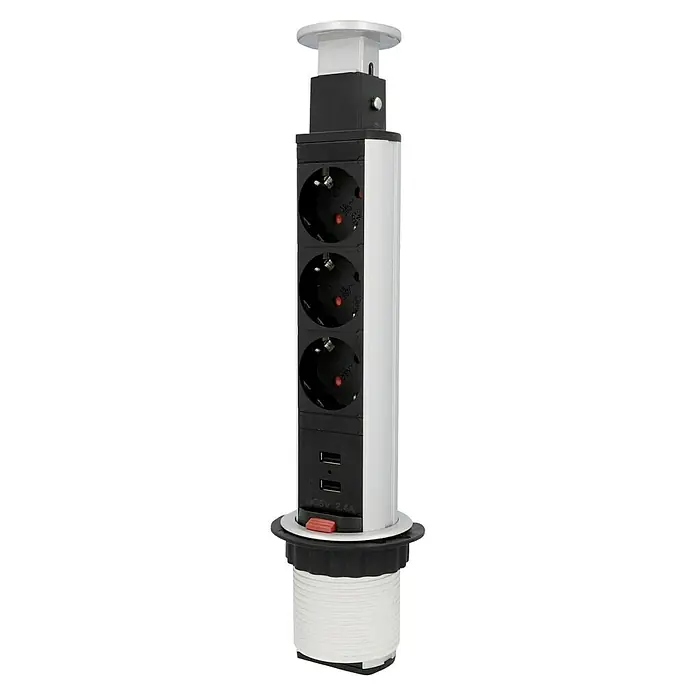 UniTEC Tischsteckdose - Versenkbar, Silber/Schwarz, 10,2 x 11 x 40 cm - Steckdosenelement: Ein versenkbarer Stromverteiler mit drei Steckdosen und zwei USB-Anschlüssen für den modernen Bedarf.