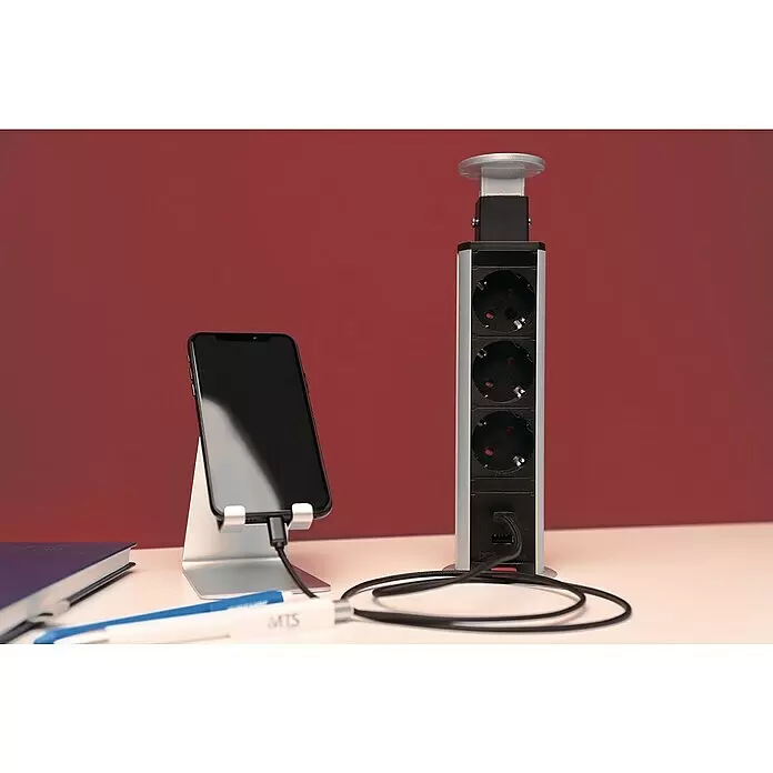 UniTEC Tischsteckdose - Versenkbar, Silber/Schwarz, 10,2 x 11 x 40 cm - Anwendungsbeispiel