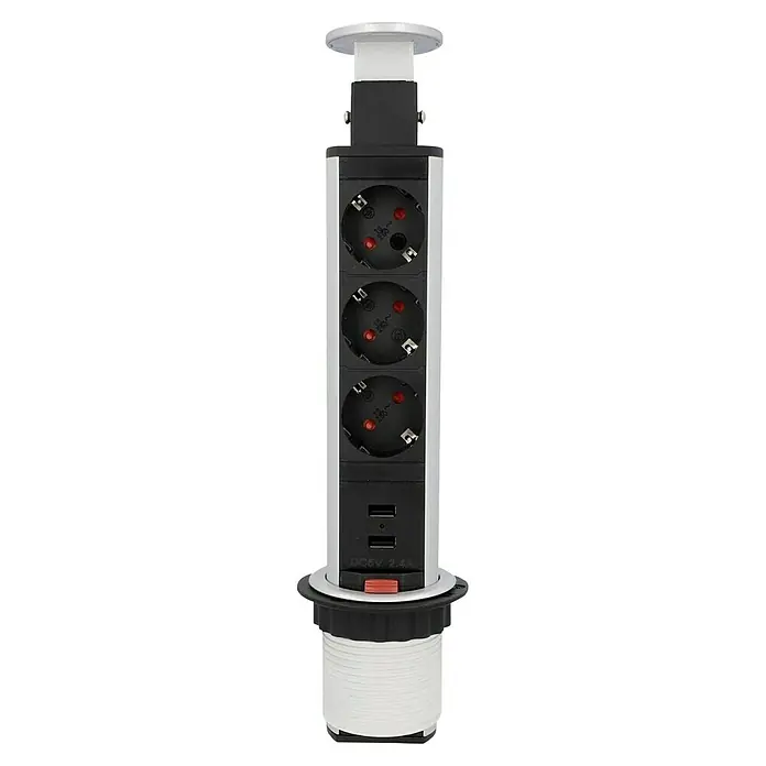 UniTEC Tischsteckdose - Versenkbar, Silber/Schwarz, 10,2 x 11 x 40 cm - Ein ausfahrbarer Steckdosenturm mit drei Steckdosen und zwei USB-Anschlüssen für den Einsatz in Küchen oder Büros.
