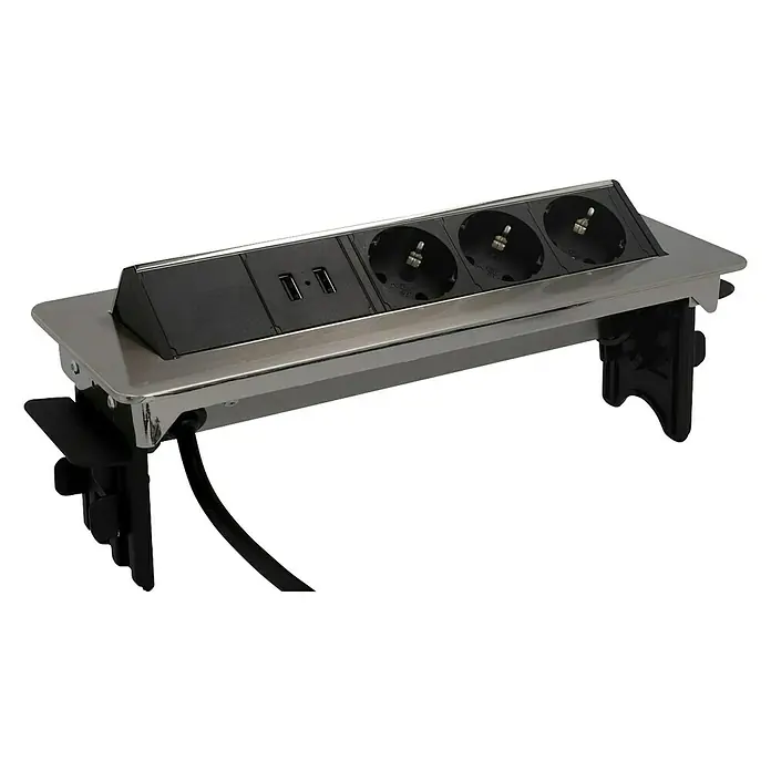 UniTEC Tischsteckdose - Versenkbar, Silber, 40 x 13 x 12,3 cm - Eine Tischsteckdosenleiste mit USB-Anschlüssen und drei Steckdosen, ideal für Büro oder Homeoffice.