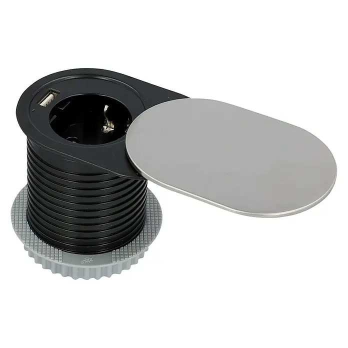 UniTEC Tischsteckdose - Schwarz/Silber, 12,3 x 10 x 14,5 cm - Versenkbare Steckdose mit USB-Anschluss und silberfarbener Abdeckung, ideal für Büro oder Küche. Praktische Lösung für mehr Komfort.