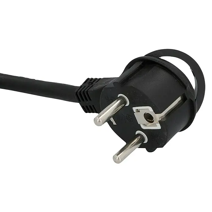 UniTEC Tischsteckdose - Schwarz/Silber, 12,3 x 10 x 14,5 cm - Nahaufnahme eines schwarzen Eurosteckers mit drei Stiften, der für europäische Steckdosen geeignet ist, mit zugehörigem Kabel.