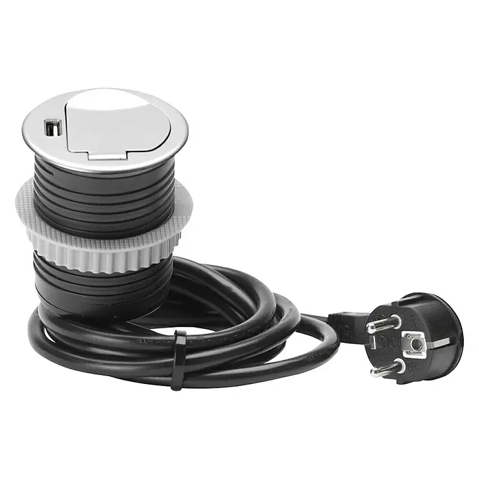 UniTEC Tischsteckdose mit Klappdeckel - Schwarz/Silber, 12 x 10 x 12 cm - Der versenkbare Tischsteckdose mit Kabel und Stecker ist eine praktische Lösung für den flexiblen Einsatz.