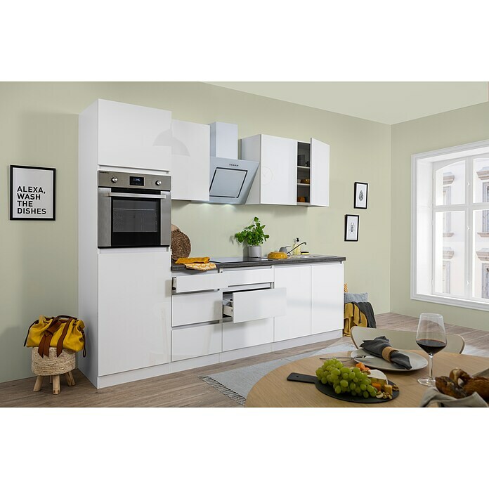 Respekta Premium Küchenzeile GLRP270HWW (Breite: 270 cm, Mit Elektrogeräten, Weiß Hochglanz)