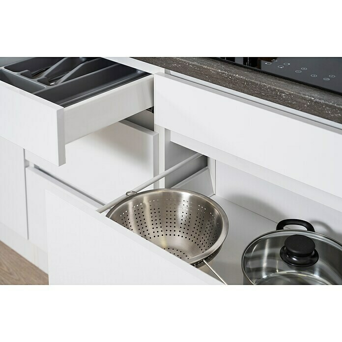 Respekta Premium Küchenzeile GLRP380HWW (Breite: 380 cm, Mit Elektrogeräten, Weiß Hochglanz)