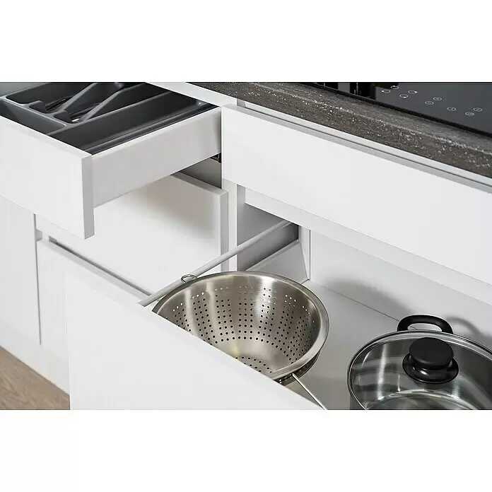 Respekta Premium Küchenzeile Lorena - Breite: 280 cm, Weiß, Hochglänzend, Dekor Arbeitsplatte: Steinoptik, Mit Elektrogeräten - Detailaufnahme