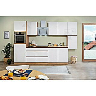 Respekta Premium Küchenzeile GLRP320HESW (Breite: 320 cm, Weiß, Hochglänzend, Dekor Arbeitsplatte: Holzoptik, Mit Elektrogeräten)