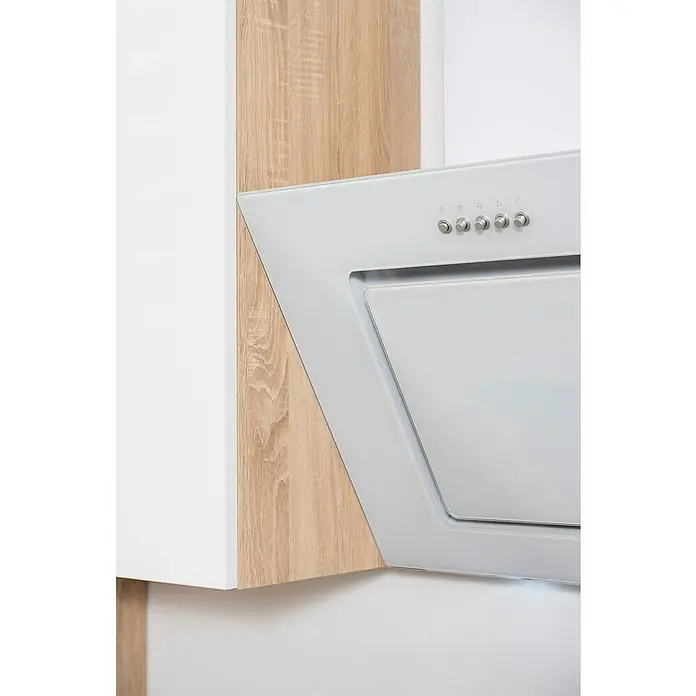 Respekta Premium Küchenzeile Lorena - Breite: 270 cm, Weiß, Hochglänzend, Dekor Arbeitsplatte: Holzoptik, Mit Elektrogeräten - Nahaufnahme einer Dunstabzugshaube in einer modernen Küche, die Funktionalität und elegantes Design vereint.