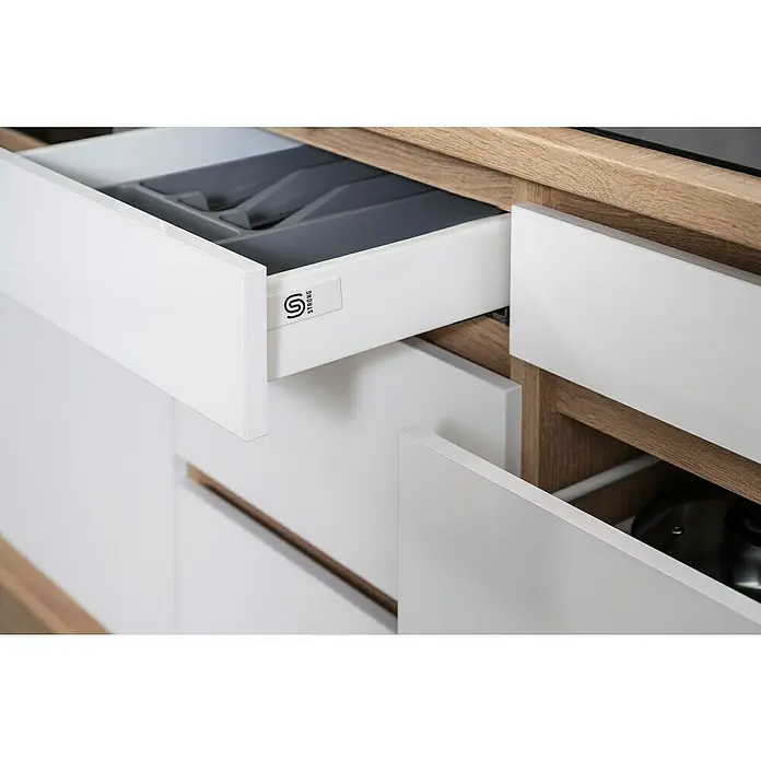 Respekta Premium Küchenzeile Lorena - Breite: 270 cm, Weiß, Hochglänzend, Dekor Arbeitsplatte: Holzoptik, Mit Elektrogeräten - Auszug der modernen Küchenschubladen in Weiß und Holzoptik, die sich durch ein stilvolles und funktionales Design auszeichnen.