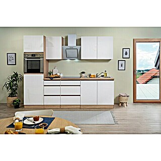 Respekta Premium Küchenzeile Lorena (Breite: 270 cm, Weiß, Hochglänzend, Dekor Arbeitsplatte: Holzoptik, Mit Elektrogeräten)
