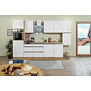 Respekta Premium Küchenzeile Lorena (Breite: 330 cm, Weiß, Hochglänzend, Dekor Arbeitsplatte: Holzoptik, Mit Elektrogeräten)