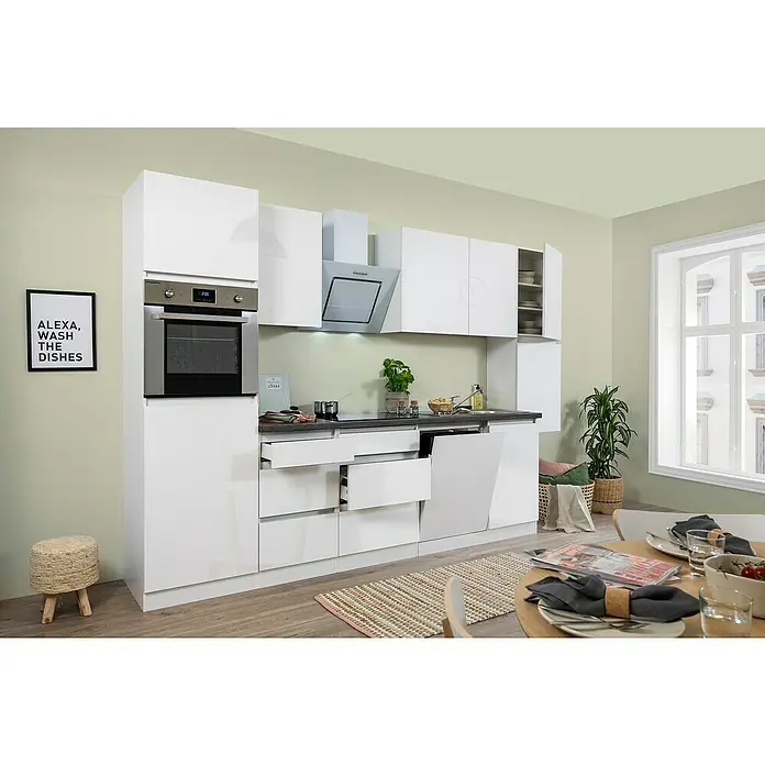 Respekta Premium Küchenzeile Lorena - Breite: 330 cm, Weiß, Hochglänzend, Dekor Arbeitsplatte: Steinoptik, Mit Elektrogeräten - Helles Küchendesign mit hochglänzenden weißen Schränken, eingebautem Ofen und Dunstabzugshaube für ein modernes und stilvolles Ambiente.