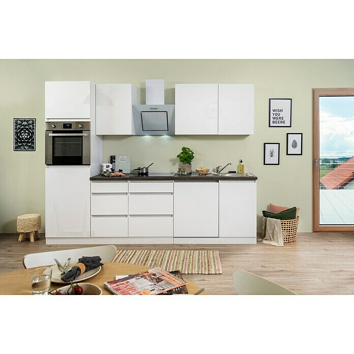 Respekta Premium Küchenzeile GLRP280HWW (Breite: 280 cm, Mit Elektrogeräten, Weiß Hochglanz)