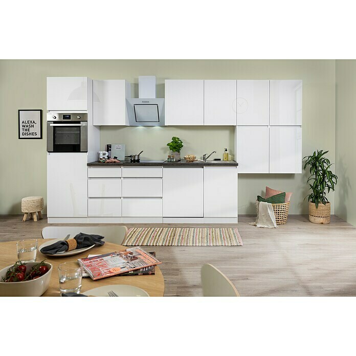 Respekta Premium Küchenzeile Lorena (Breite: 380 cm, Weiß, Hochglänzend,  Dekor Arbeitsplatte: Steinoptik, Mit Elektrogeräten) | BAUHAUS