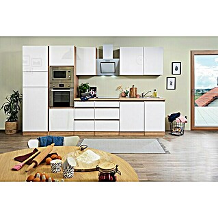 Respekta Premium Küchenzeile Lorena (Breite: 345 cm, Weiß, Hochglänzend, Dekor Arbeitsplatte: Holzoptik, Mit Elektrogeräten)