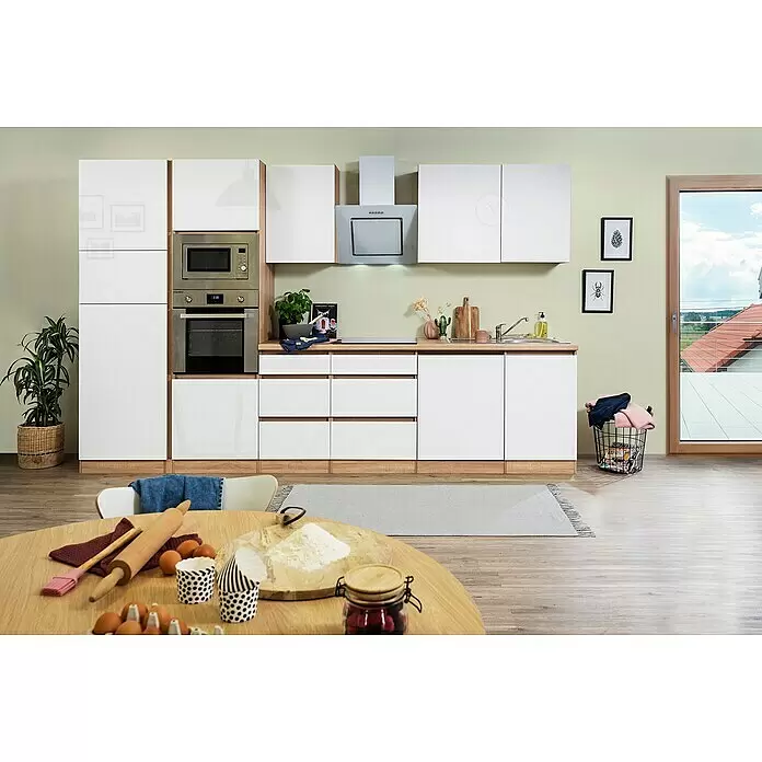 Respekta Premium Küchenzeile Lorena - Breite: 345 cm, Weiß, Hochglänzend, Dekor Arbeitsplatte: Holzoptik, Mit Elektrogeräten - Stimmungsaufnahme