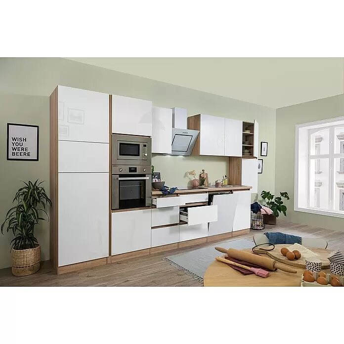 Respekta Premium Küchenzeile Lorena - Breite: 395 cm, Weiß, Hochglänzend, Dekor Arbeitsplatte: Holzoptik, Mit Elektrogeräten - Stimmungsaufnahme