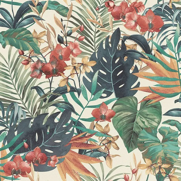 Rasch Vliestapete Nature - Bunt, Floral, 10,05 x 0,53 m - Tropische Tapete mit üppigen Blättern und leuchtend roten Blüten, die einen lebendigen und exotischen Look verleihen.