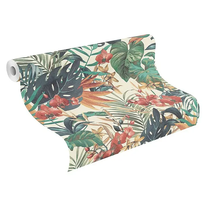 Rasch Vliestapete Nature - Bunt, Floral, 10,05 x 0,53 m - Eine Rolle tropischer Blättertapete, ideal für ein lebendiges und stilvolles Zuhause. Das üppige Design bringt einen Hauch von Natur in jeden Raum.
