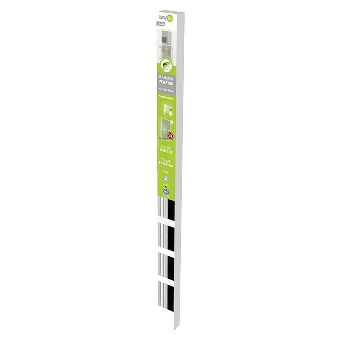 Easy Life easyLINE 2 Insektenschutzfenster XL - B x H: 150 x 210 cm, Weiß, Montage Insektengitter: Klemmen - Produktverpackung einer Easy Life Fensterrahmen Fliegengittertür, mit den Maßen 150x210cm, die vor Insekten schützt.