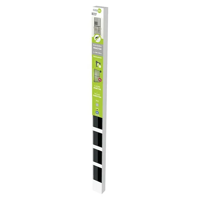 Easy Life easyLINE 2 Insektenschutzfenster XL - B x H: 150 x 210 cm, Anthrazit, Montage Insektengitter: Klemmen - Produktverpackung für ein Easy Life Rahmenfenster, ein XL-Insektenschutzgitter zum einfachen Selbsteinbau mit Aluminiumrahmen, ideal für Fenster bis 150x210cm.