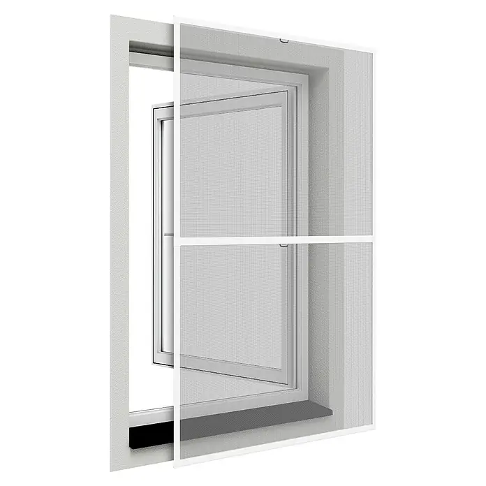 Easy Life easyLINE 2 Insektenschutzfenster XL - B x H: 150 x 210 cm, Weiß, Montage Insektengitter: Klemmen - Nahaufnahme eines weißen Insektenschutzgitters vor einem Fenster, das vor Insekten schützt und frische Luft hereinlässt.